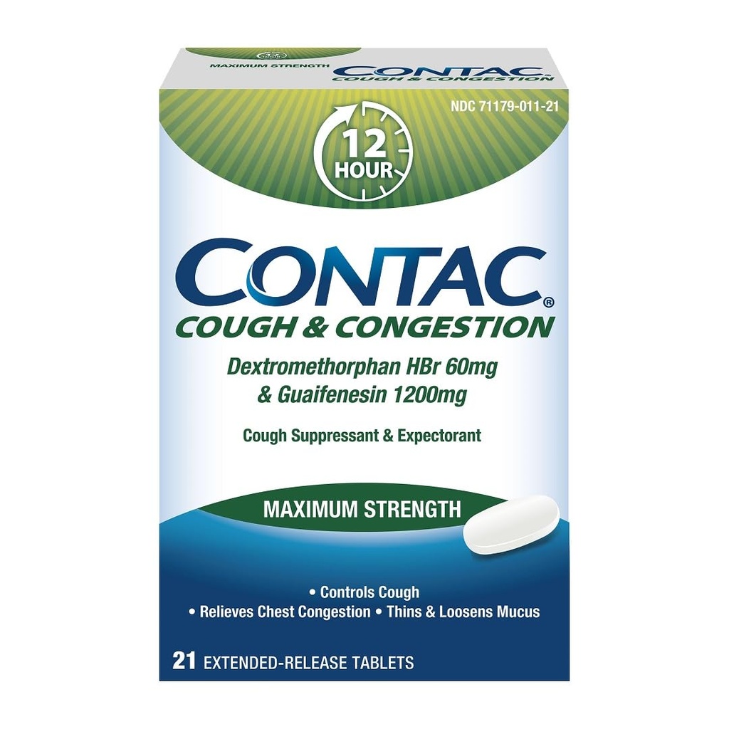 Contac Cough & Congestion Maksimaalne tugevuse kontroll Köha, Thins and Loosens Licus, Guaifenesin & Dextromethorphan HBr, Extended release Tablets, 21 Count