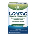 Contac Cough & Congestion Maksimaalne tugevuse kontroll Köha, Thins and Loosens Licus, Guaifenesin & Dextromethorphan HBr, Extended release Tablets, 21 Count