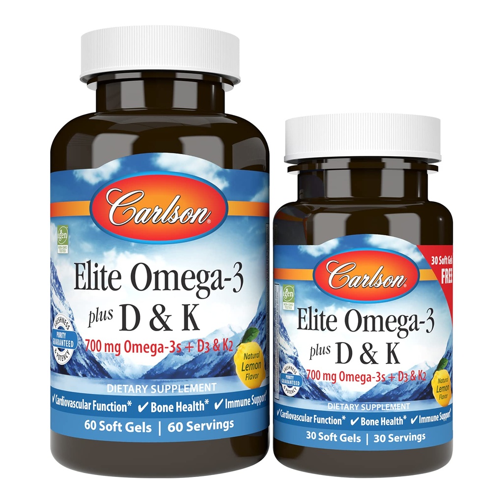 Carlson - Elite Omega-3 Plus D & K, 700 mg Omega-3s + D3 & K2, Function, Bone Health & Immune Support, Sidrun, 60+30 Softgel
