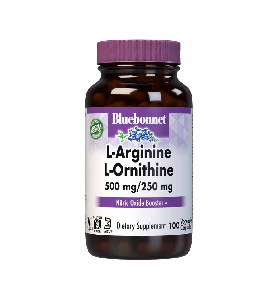 Bluebonnet Nutrition L-arginiin 500mg/L-orinitiin 250mg, toetab valgu ainevahetust *, sojavaba, gluteenivaba, mitte-GMO, Kosher Certified, Vegan, 100 köögiviljakapslit