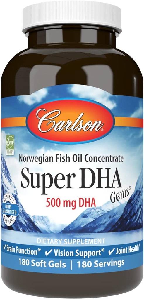 Carlson - Super DHA Gems, 500 mg DHA toidulisandid, 640 mg rasvhapped, looduslikult püütud Norra Arktika Omega 3 kalaõli lisand, jätkusuutlikult hangitud kalaõli kapslid, 180 Softgels