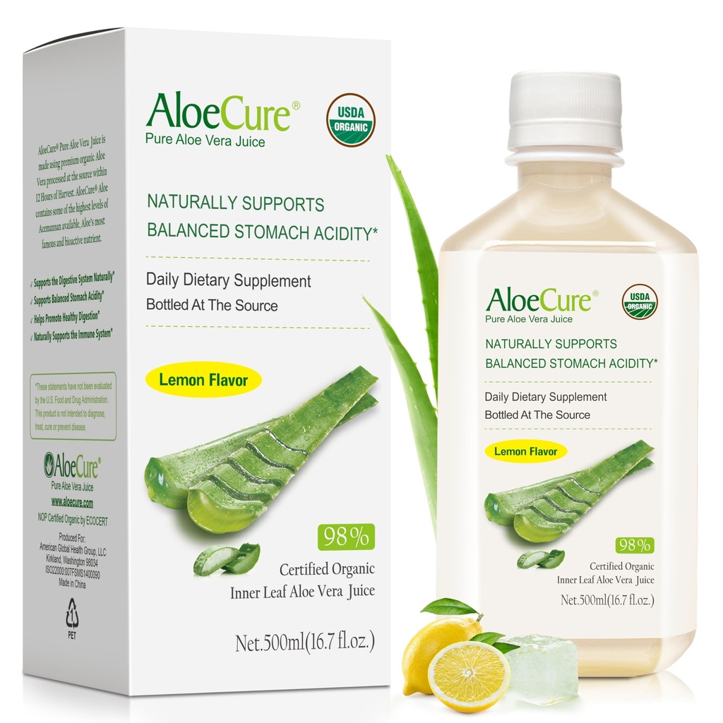 AloeCure USDA orgaaniline Aloe Vera mahl Sidrunmaitse - valmistatud 12 tunni jooksul saagikoristusest - looduslik seeditav toidulisand tasakaalustatud kõhuhappes - seedetrakti ja immuunsüsteemi tervise toetamine - 1 Btl x 16,7oz