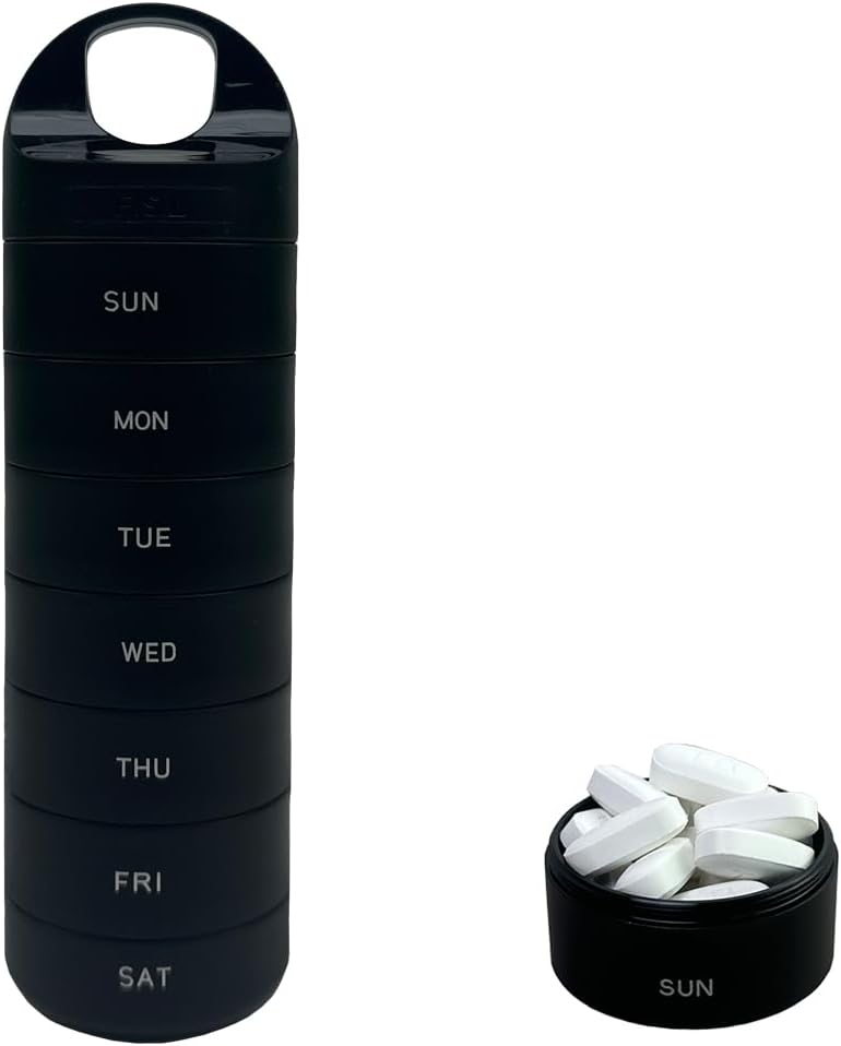 Black Plastic Weekly Pill Korraldaja - Smart Medicine Pill Korraldaja Reisimine - Veekindel, BPA-vaba 7 päeva meditsiinikonteiner - Pill Hoidja vitamiine ja ravimeid