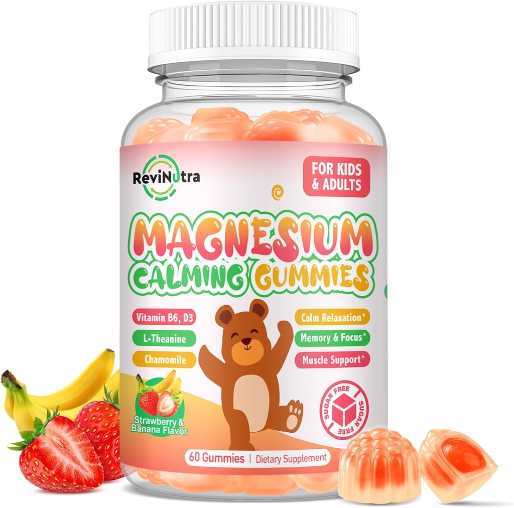 Magnesium Gummies for Kids - Magnesium Glycinate Gummies with L-Theanine, Vitamin B6, D3 for Kids & Adults Sleep, Calm, Relaxation, Brain, Bones, Muscle Relief, Sugar Free Banana & Strawberry 60ct