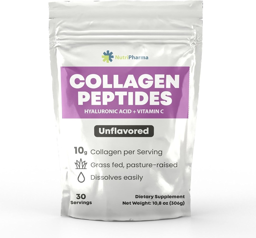 Kollageenpeptiidide pulber hüaluroonhappe ja C-vitamiiniga, soodustab juuste, küünte, naha, luu ja liigeste tervist, maitsestamata kollageeni valgu pulber, 30 serveerimist, 10,8 oz
