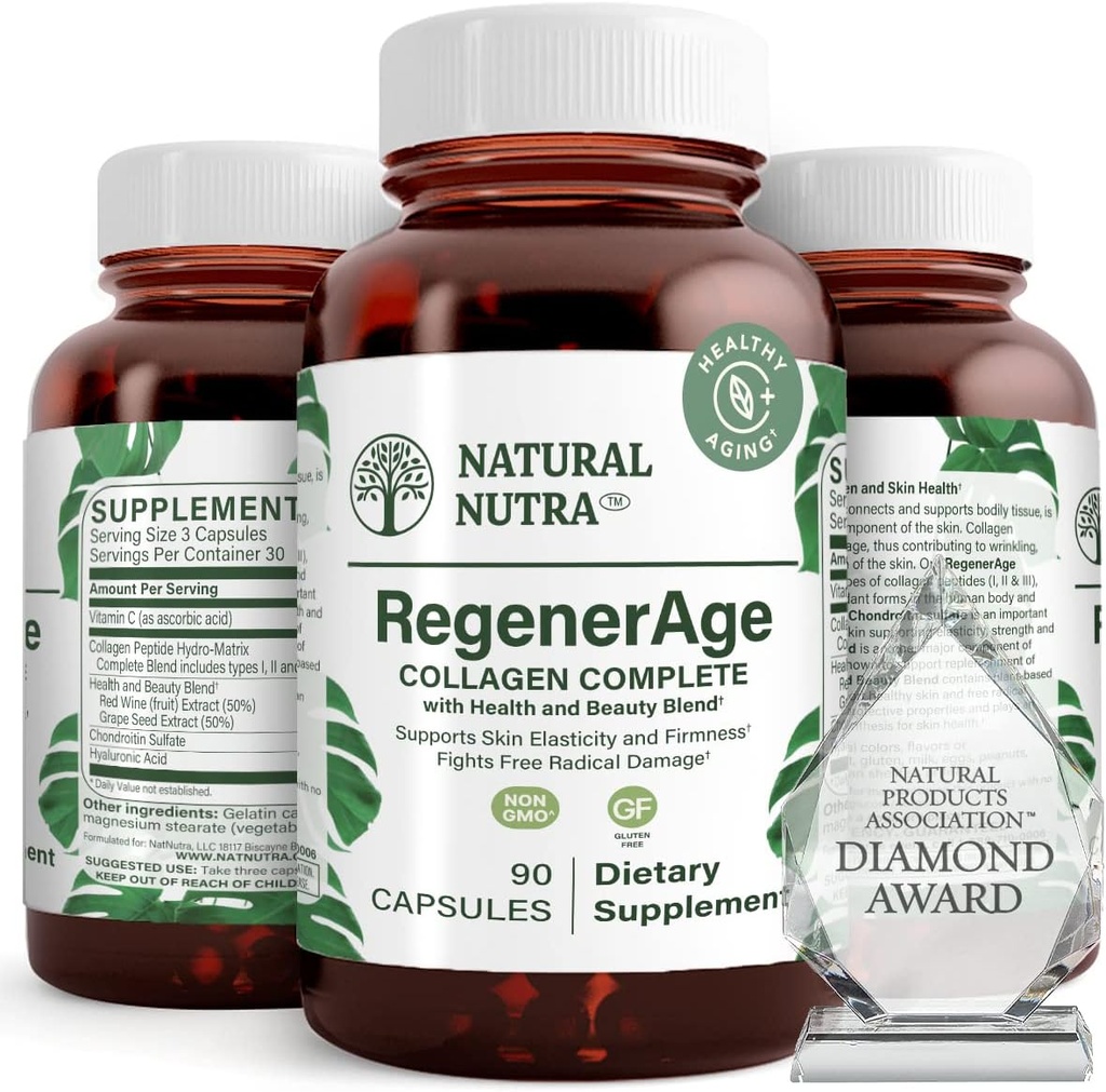 Looduslik Nutra RegenerAge Täielik täiendus naha tervisele valgu peptiididega, Vähendage Venitusmärke, Aitab kaasa üldisele tervisele, C-vitamiin, Viinamarjaseemne punase veini ekstrakt, Gluteenivaba, 90 kapslit.