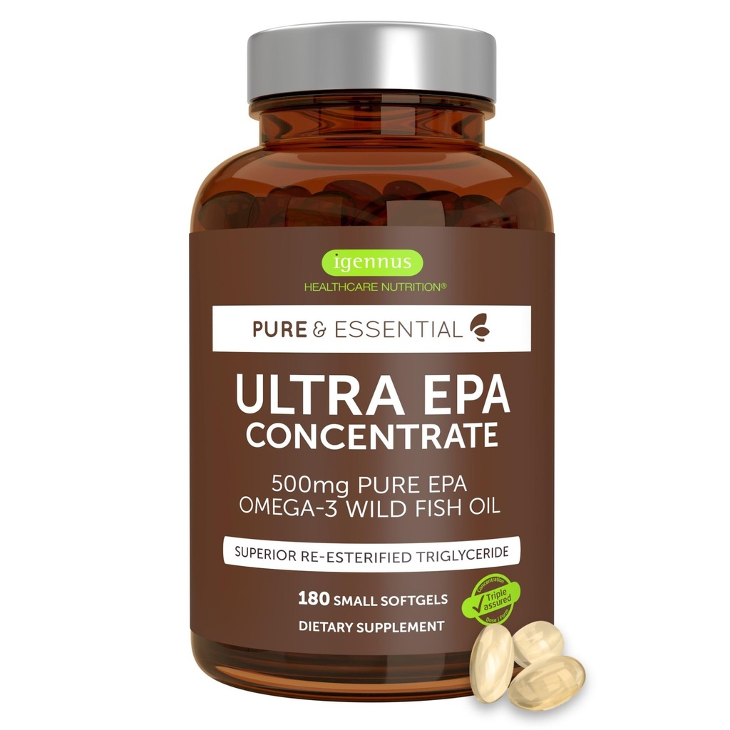Igennus Ultra Pure Omega-3 EPA 500mg, kõrgelt kontsentreeritud IFOS sertifitseeritud looduslik kalaõli, täiustatud rTG triglütseriidvorm, mitte-GMO, 180 väikest softgels