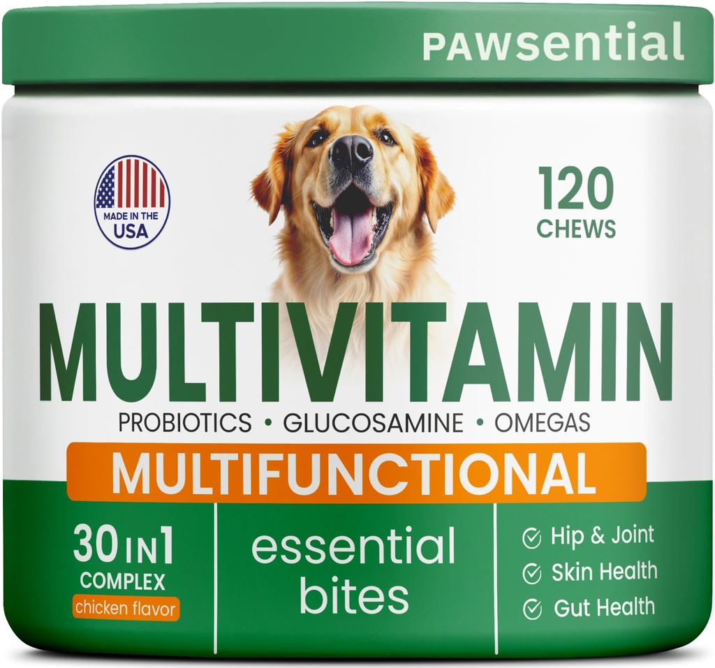 Koera vitamiinid + glükoosamiin - näritavad multivitamiinid + probiootikumid, oomega - puusa- ja liigesetoetus, nahk ja kate, soolestik Tervis - Täiskasvanud ja vanem - suur ja väike tõug - 120 närimist