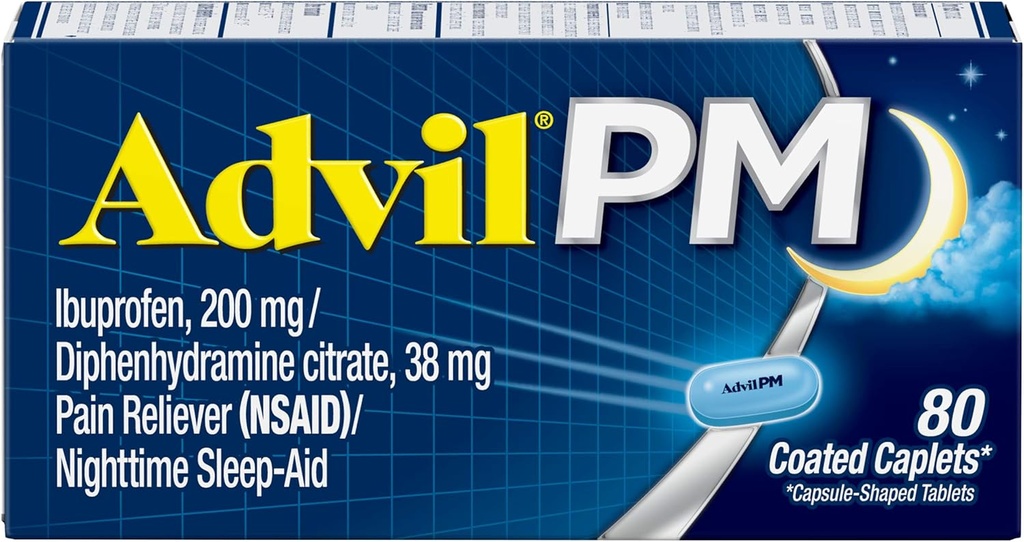 Advil PM valu leevendaja ja öine uneabi, valuvaigistav ravim ibuprofeeniga valu leevendamiseks ja difenhüdramiintsitraat uneabi jaoks - 80 loend (2. pakk)