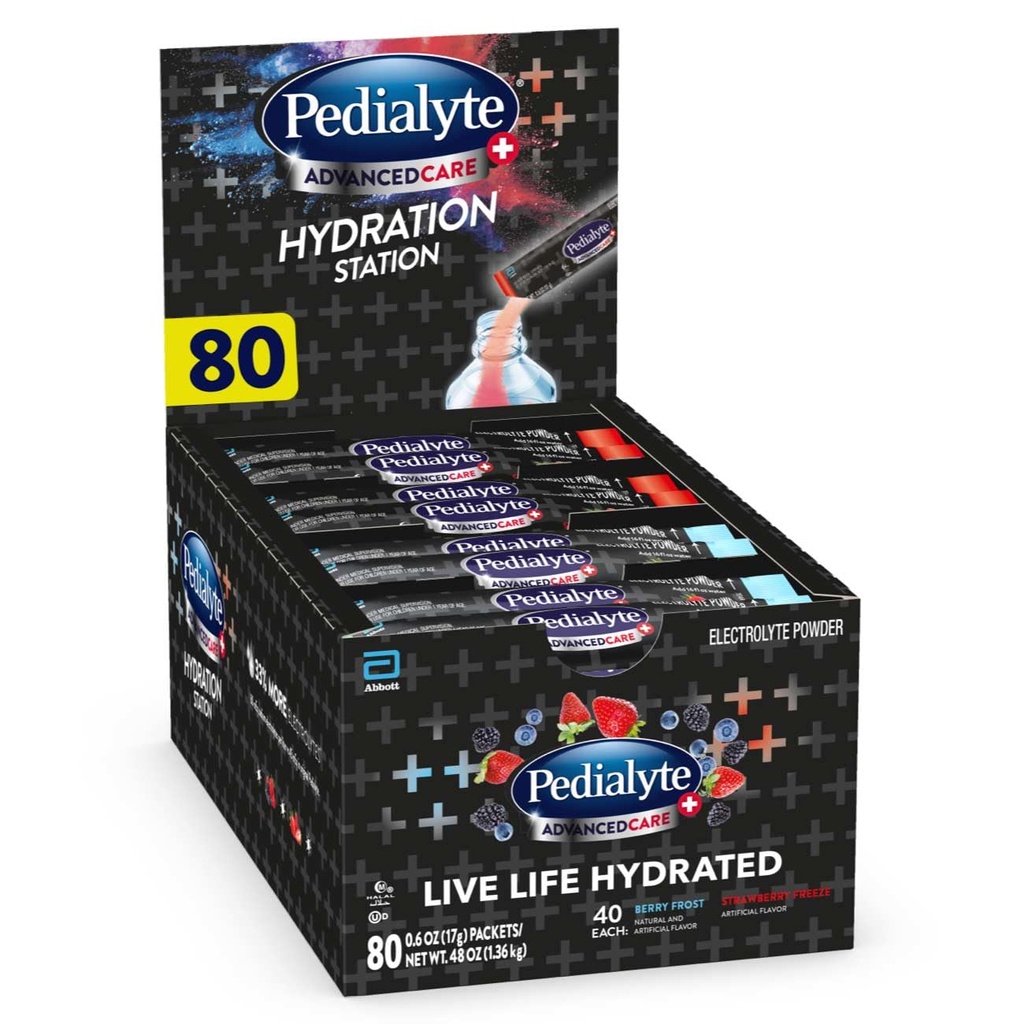 Pedialyte AdvancedCare Plus elektrolüütpulber, sisaldab 33% rohkem elektrolüüte ja preActiv prebiootikume, hüdratsioonijaama variatsiooni, 80 pulbripaketti