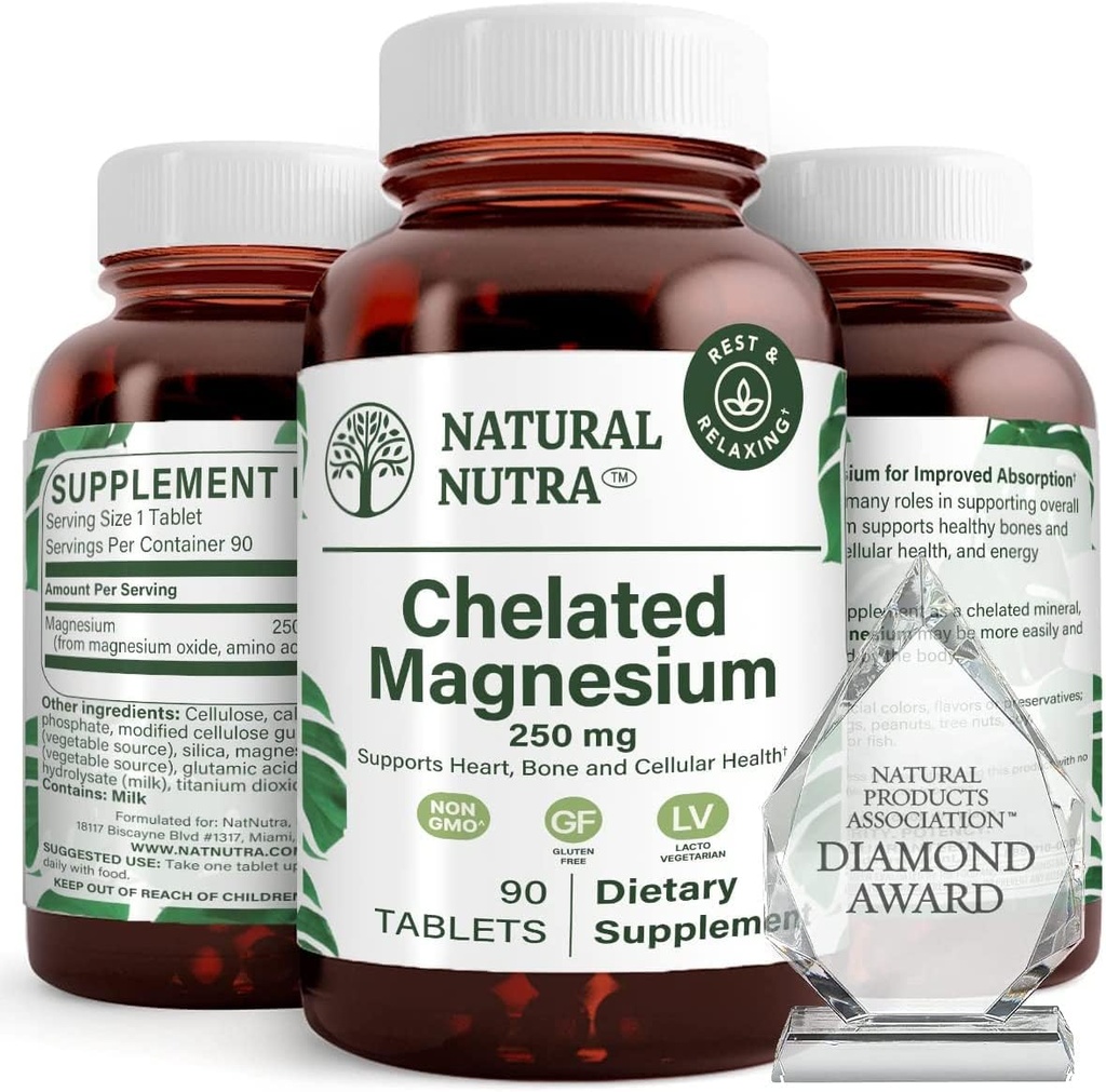 Looduslik nutrakelaaditud magneesiumoksiid 250 mg - suur imendumine tugevate luude, südame tervise, energia suurendamiseks, gluteenivabaks, mitte-GMO-ks, 90 tabletti (3 pakendit) BPA-vabades taaskasutatavates klaaspudelites