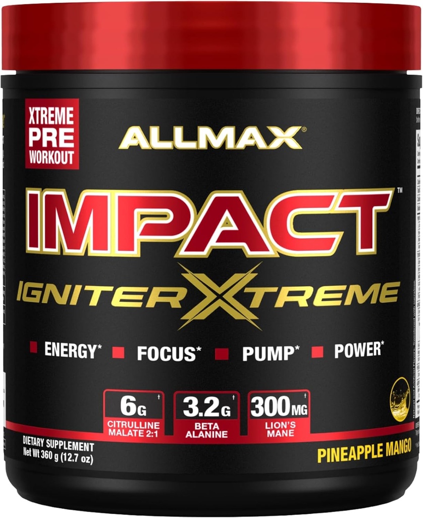 ALLMAX Nutrition - Impact Igniter Extreme Pre Workout Pulber - tsitrulliinmalaat, beeta - alaniin, kofeiin, tauriin ja veevaba betaiin (Pineapple Mango)