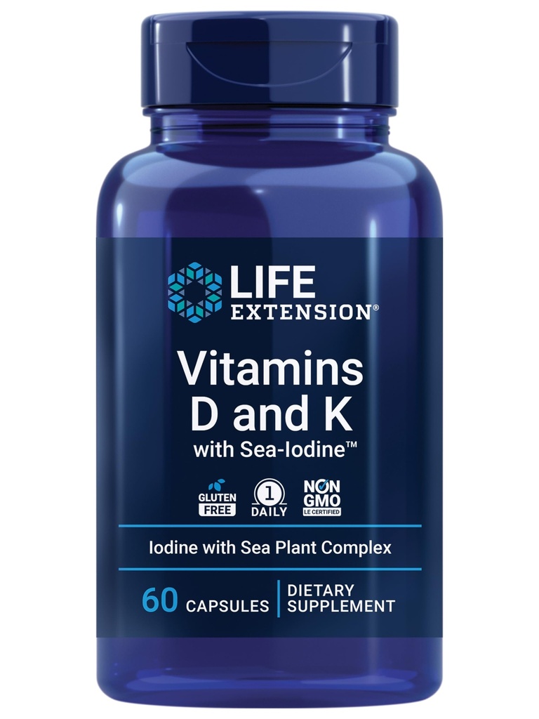 Elu pikendamine Vitamiinid D ja K merejood, Vitamiin D3, Vitamiin K1 ja K2, Joodi, toetab immuunsüsteemi, luu, arteriaalse ja kilpnäärme Tervis, Non-GMO, Gluteenivaba, 60 kapslit