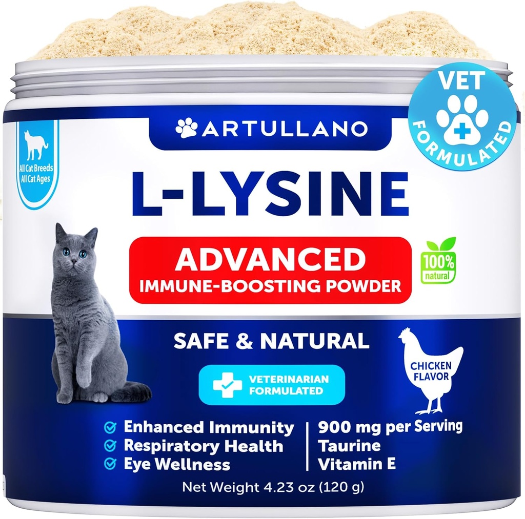 L-lüsiin kassidele - lüsiinipulber Täiendus - 900 mg / teenimine - Kasside ja kassipoegade immuuntoetus - aevastamine, runny nina, kõõrdumine, vesised silmad, külm, silmade funktsioon, hingamisteede tervis - tauriiniga