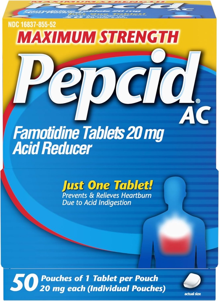 Pepcid AC maksimaalse tugevusega kõrvetiste leevendamise tabletid, OTC meditsiin ennetab ja leevendab kõrvetisi ja happe refluksi happe seedimise tõttu, 20 mg Famotidiinhapet vähendav aine, kiiretoimeline, 1 x 50 ct
