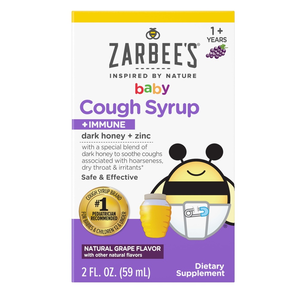 Zarbee's Baby Honey Cough Syrup + Immuun imikutele 12-24 kuud, ohutu ja efektiivne köha siirup rahustava tumeda meega ja tsink immuunsuse toetamiseks *, ravim ja alkoholivaba, viinamarjad, 2 fl. Oz