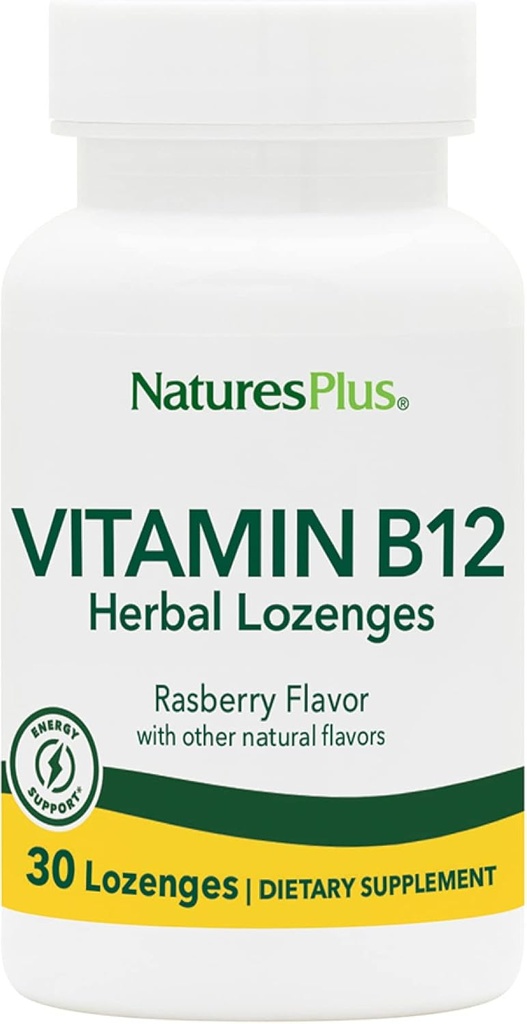 Natures Plus B12 Taimsed salvrätikud (metüülkobalamiin) - 1000 mcg, 30 Sublingual Lozenges - Vaarika - Maksimaalne imendumine Punaste vereliblede toetus - energia suurendaja - taimetoitlane, gluteenivaba - 30 serveerimist