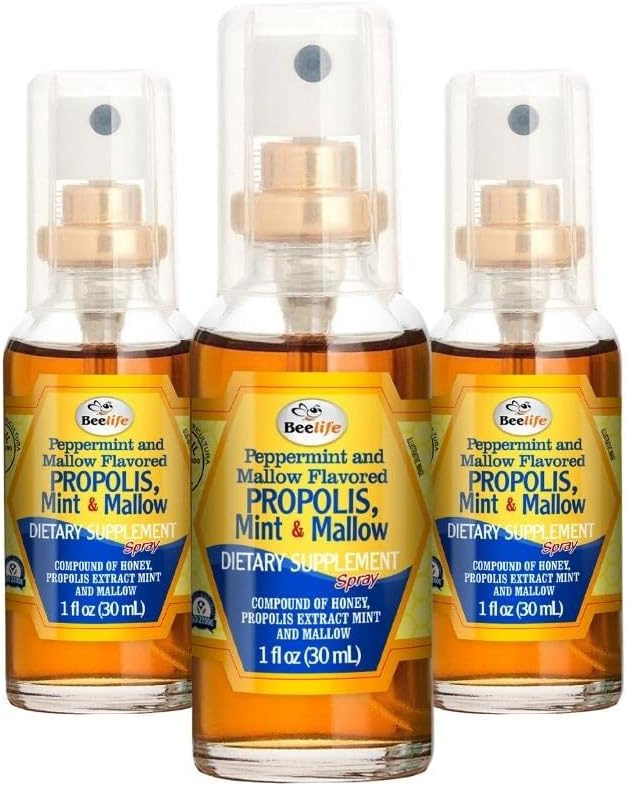 Beelife Propolis Throat Spray - rahustav mesi, Mint & Malva Propolis Spray - Natural Immune Support & Sore Throat Relief - Bee Propolis - Antioksüdandid, Flavonoidid & Artepillin C, Gluteenivaba - 3-Pack