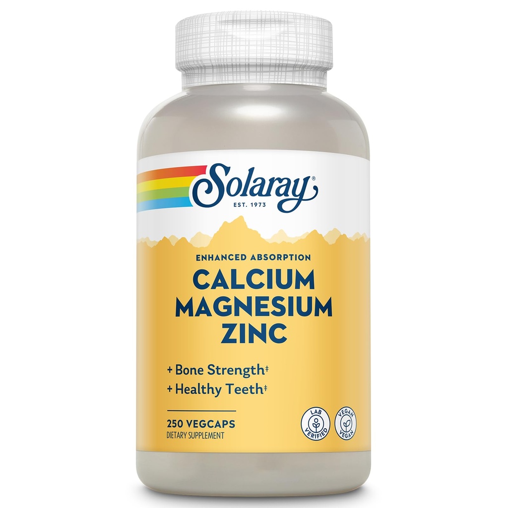 SOLARAY Calcium Magneesium Tsink Supplement - koos kaltsiumi 1000mg, magneesium 500mg - Luude Tervis, lihaste funktsiooni, südame tervise ja immuunsüsteemi tugi - Vegan, 60 päeva garantii, 62 Servings, 250 VegCaps