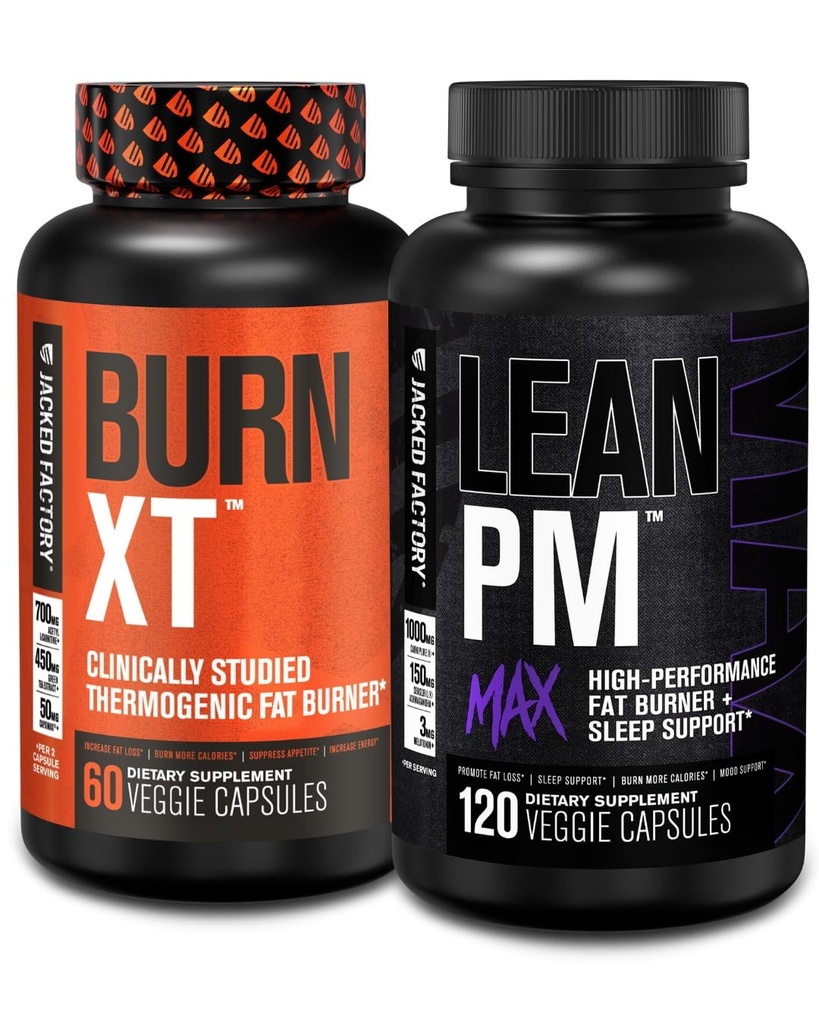 Jacked Factory Burn-XT kliiniliselt uuritud termogeenne kaalulangus (60 kapslit) - Lean PM MAX uneabi (120 kapslit) isu pärssimiseks (180 kapslit)
