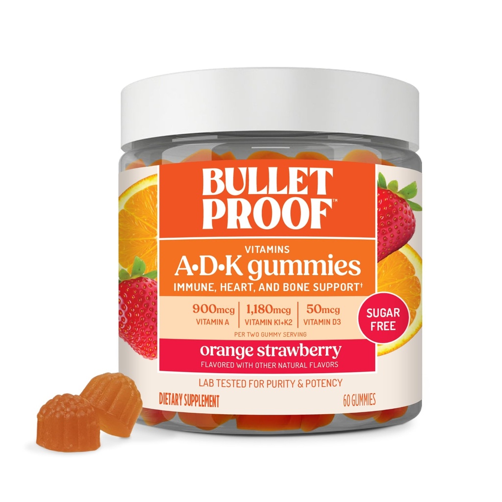Bulletproof Sugar-Free Orange Maasikas Vitamiinid A + D + K Gummies, 60 Count, Keto täiendus südame, luu ja immuunsüsteemi tugi, uus ja täiustatud valem ja tekstuur, Pakend võib varieeruda