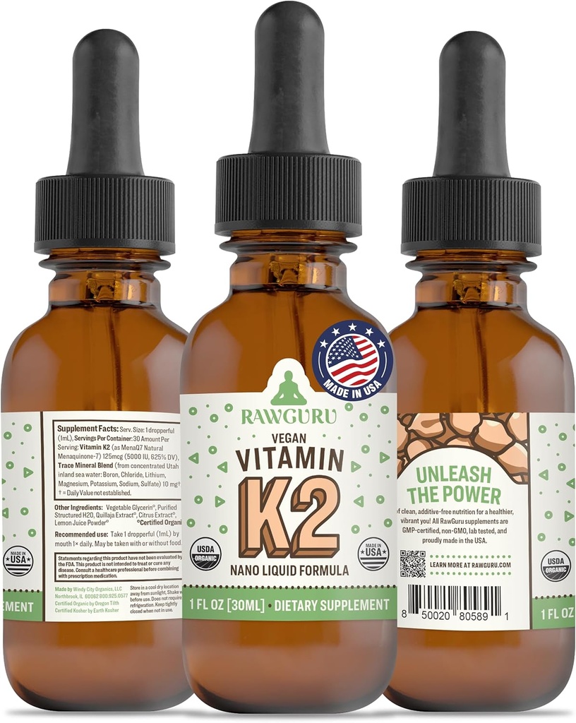 RawGuru vitamiin K2 täiendus - orgaaniline Vegan Vitamiin K2 MK7 koos jälgi sisaldavate mineraalidega - nano-töödeldud antioksüdant ja immuuntoetuslisandi tinktuur - 30 portsjonit Vegan tilka 30 ml kohta, pakend 1