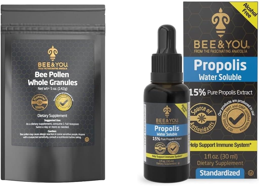 BEE ja You Bundle, Bee Pollen graanulid, 5oz kott, 100% loodusliku taruvaigu ekstrakti tilgad, Ultra Pure, Immune Support Supplement, Superfood, Antipxidants, Vitamiinid