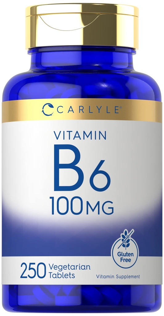 Carlyle Vitamiin B6 100 mg | 250 tabletti | Püridoksiinvesinikkloriidi lisand | Taimetoitlane, mitte-GMO, gluteenivaba