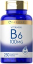 Carlyle Vitamiin B6 100 mg | 250 tabletti | Püridoksiinvesinikkloriidi lisand | Taimetoitlane, mitte-GMO, gluteenivaba