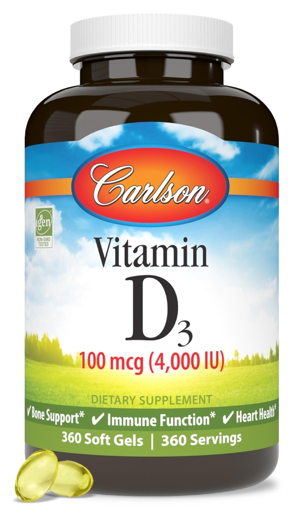 Carlson - D3-vitamiin, 4000 RÜ (100 mikrogrammi), luu ja immuuntervis, kolekaltsiferooli lisand, Gluteenivaba D-vitamiini kapslid, 360 Softgels
