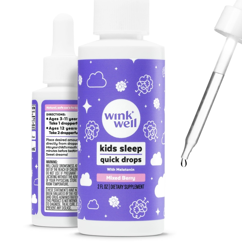Wink Well Kids Vedelad melatoniini tilgad - looduslikud beebi unetilgad väikelaste uneabi jaoks 1mg-ga teenindamata laste vedela melatoniiniga 2 Oz