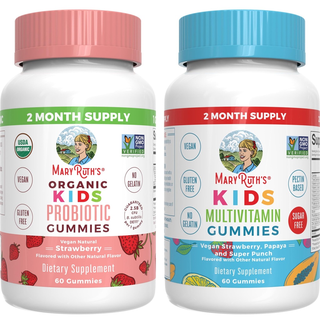 MaryRuth Organics Multivitamiinid ja probiootilised kummikud (Maasikas) lastele | Clean Label Project Verified® | Vitamiinid soolestiku tervisele, immuunsusele ja üldisele heaolule | Vegan, mitte-GMO, gluteenivaba