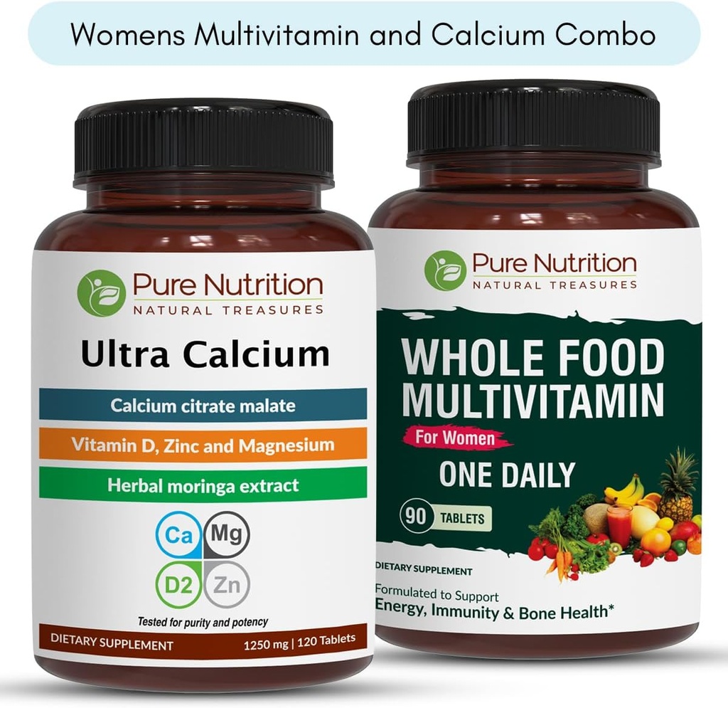 Puhas toitumine Ultra Kaltsium 1000mg ja kogu toit Naiste multivitamiinid 1500mg tervislike luude, liigeste ja üldise heaolu jaoks. Ultra Kaltsium 120 Tabs + Naised Multivitamiinid 90 Tabs.