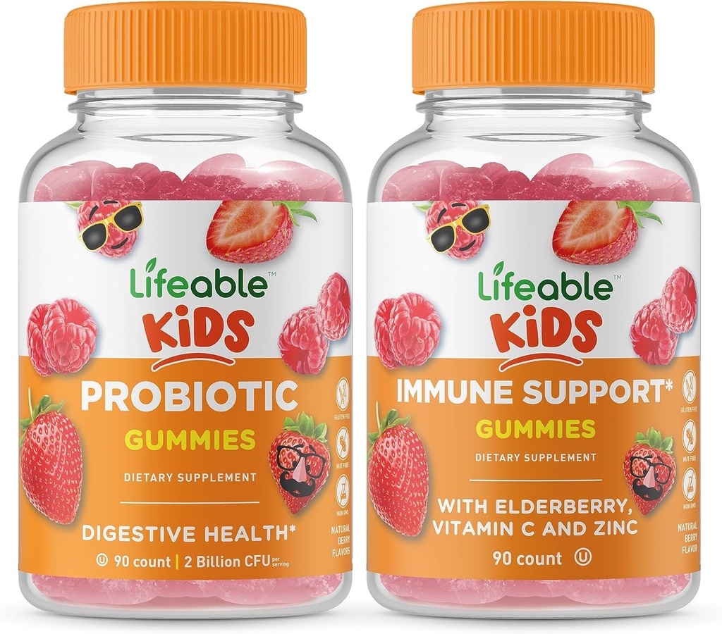 Elujõuline probiootikum 2 miljardit CFU lapsed + immuunsuse tugi lapsed, Gummies Bundle - suurepärane maitse, vitamiinilisand, gluteenivaba, GMO-vaba, närimiskumm