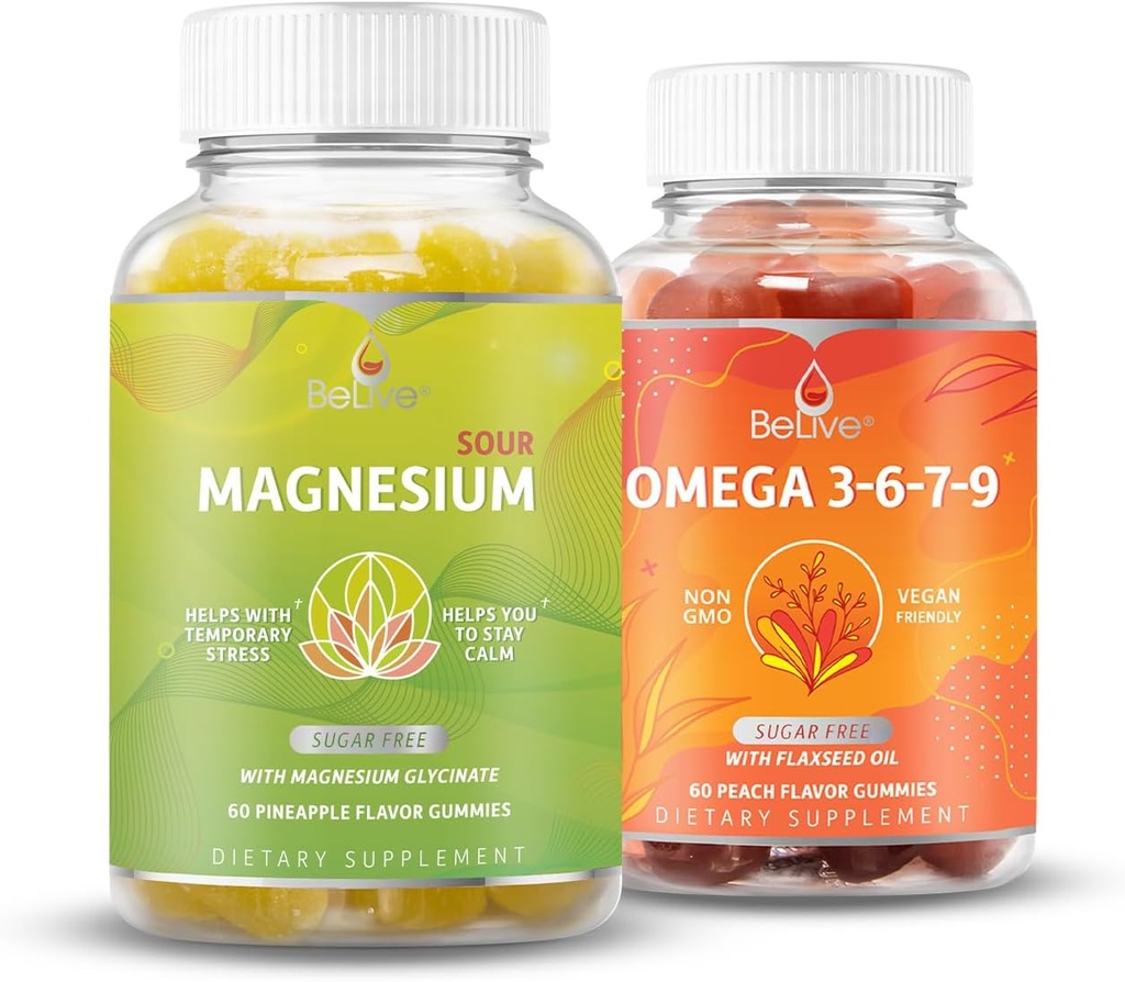 BeLive Magneesium GLycinate & Omega 3-6-7-9 Komplekt lõõgastumiseks, une, aju, südame ja inmuunsüsteemi toetamiseks