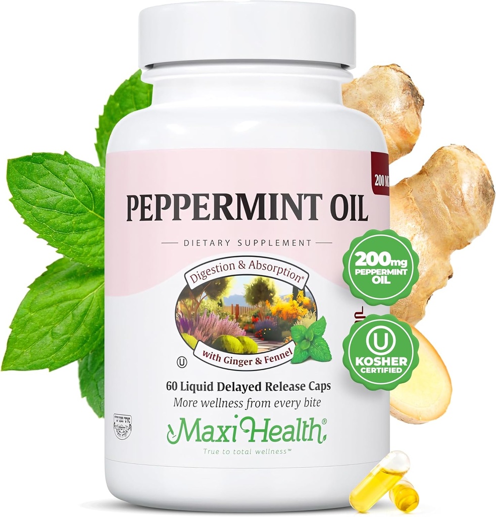 Maxi Health Peppermint Oil kapslid – Orgaaniline ingveriõli ja apteegitill hilinenud vabastamiskapsel – allaneelatav dieet Kosher piparmündi täiendus seedetrakti toetuseks (60 kapslit)