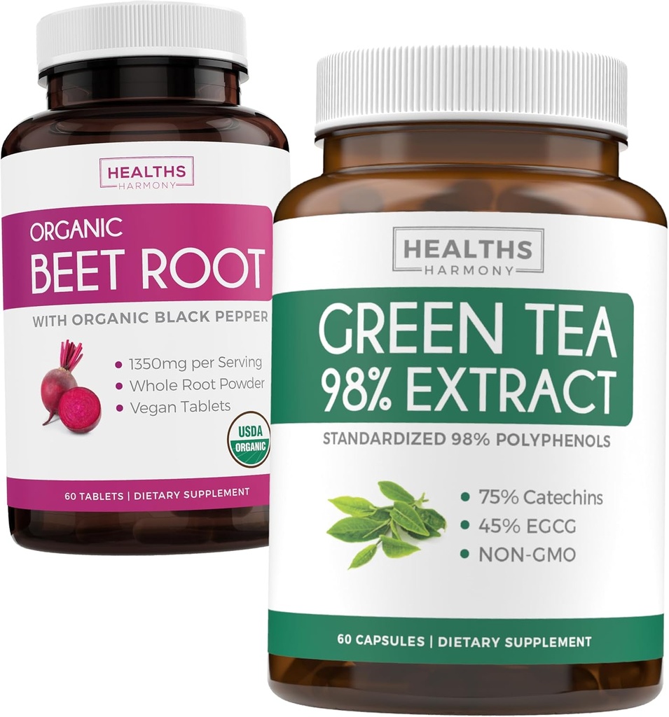 Beet Root & Green Tea Extract (1-kuuline pakkumine) Detox Power Duo - orgaaniline suhkrupeedi juur koos musta pipariga imendumiseks 1250mg (60 tabletti) ja roheline tee ekstrakt 98% EGCG 1000mg portsjoni kohta (60 kapslit)