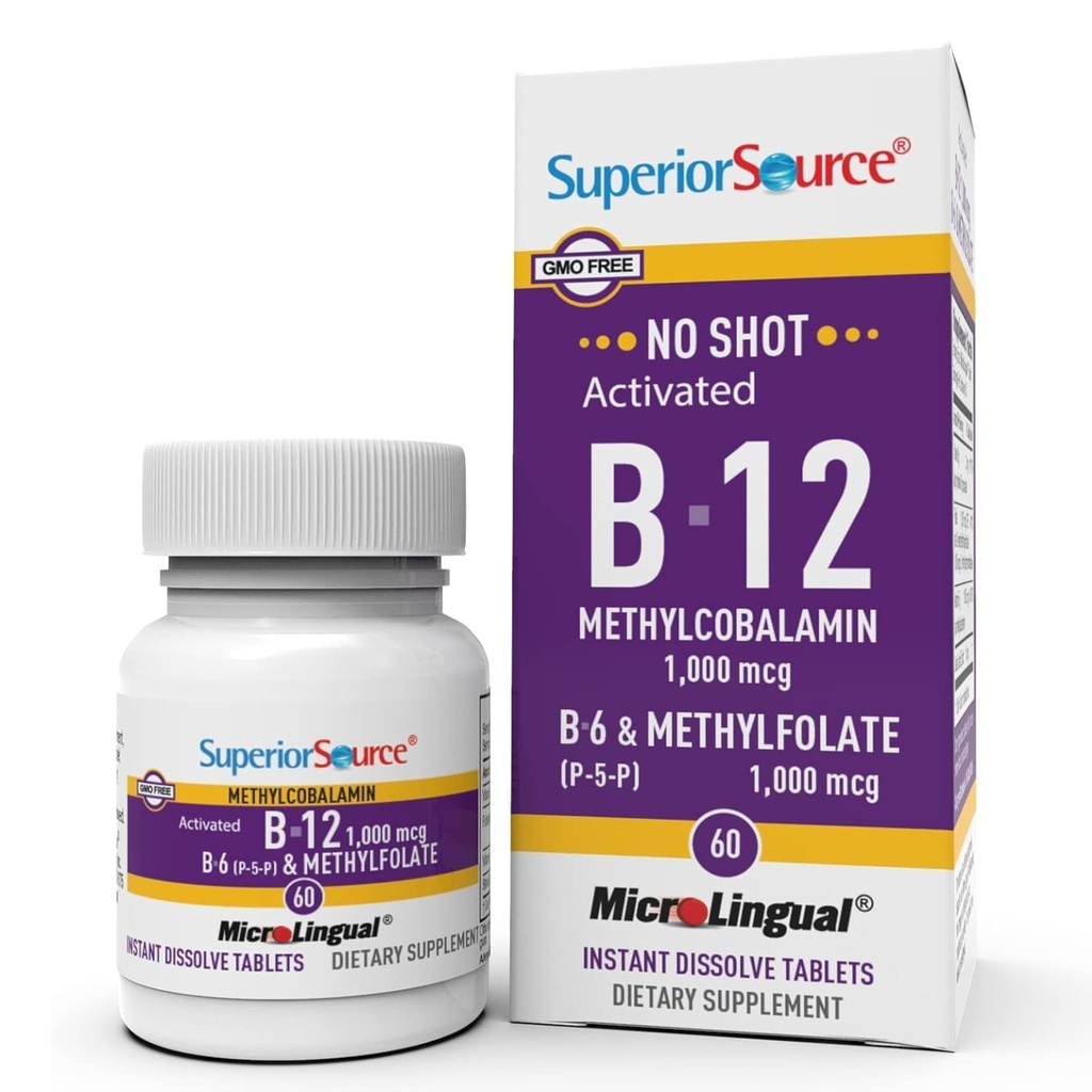 Superior Allikas No Shot Vitamiin B-12 Metüülkobalamiin 1000 mcg, B-6, ja Metüülfolaat 1000 mcg - toetab energia, aju ja südame tervist - Bariatric Friendly - 60 Sublingvaalne lahustuv tablett