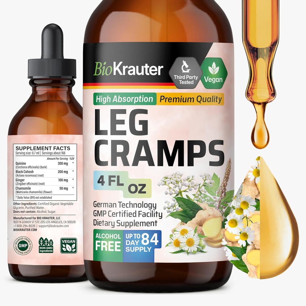 BIO KRAUTER Leg Cramps Tinktuur kiniiniga - Ingver & kummel Vedelikekstraktid jalgade krampide jaoks - looduslik alkohol ja suhkruvaba valem - Vegan langeb 4 Fl.Oz.