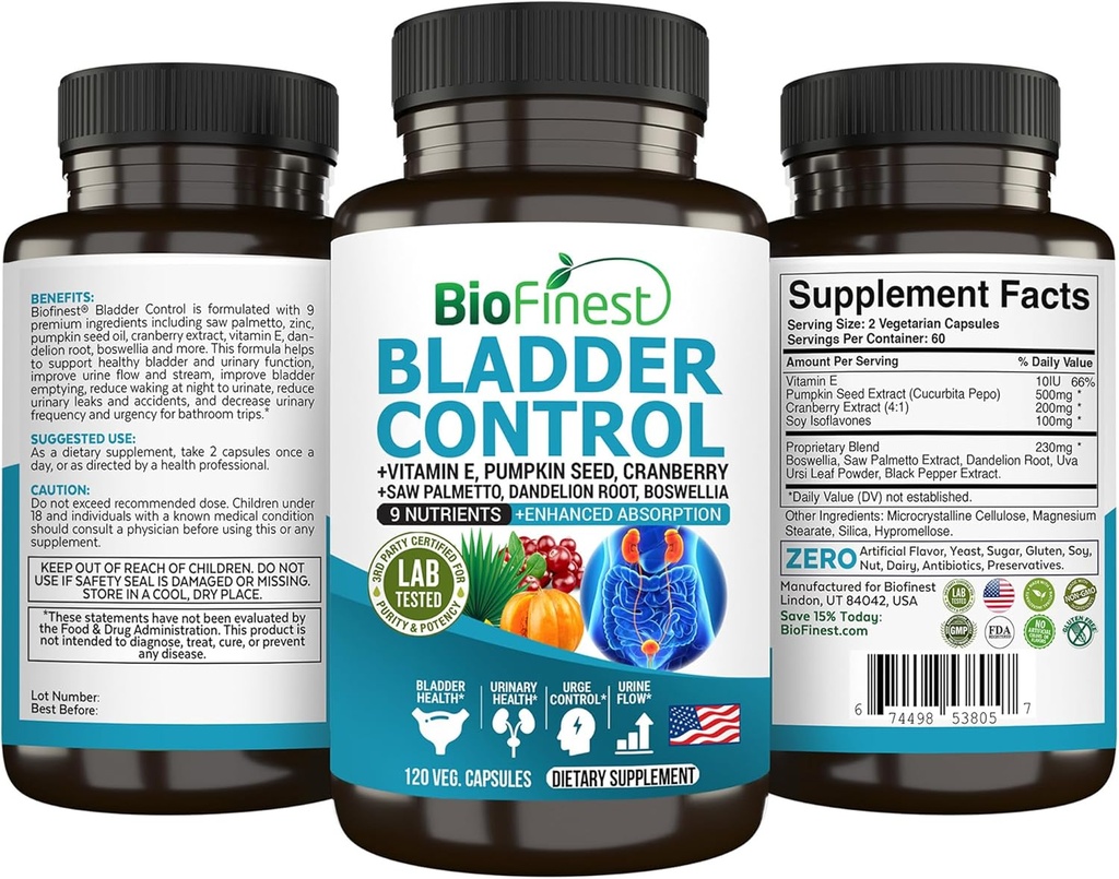 BioFinest põiekontrolli täiendus meestele ja naistele - 120 Veg. Kapslid - Saw Palmetto, Jõhvikas, kõrvitsaseemned, E-vitamiin, Boswellia, Dandelion Juur - Kuseteede põie tervis - valmistatud USAs