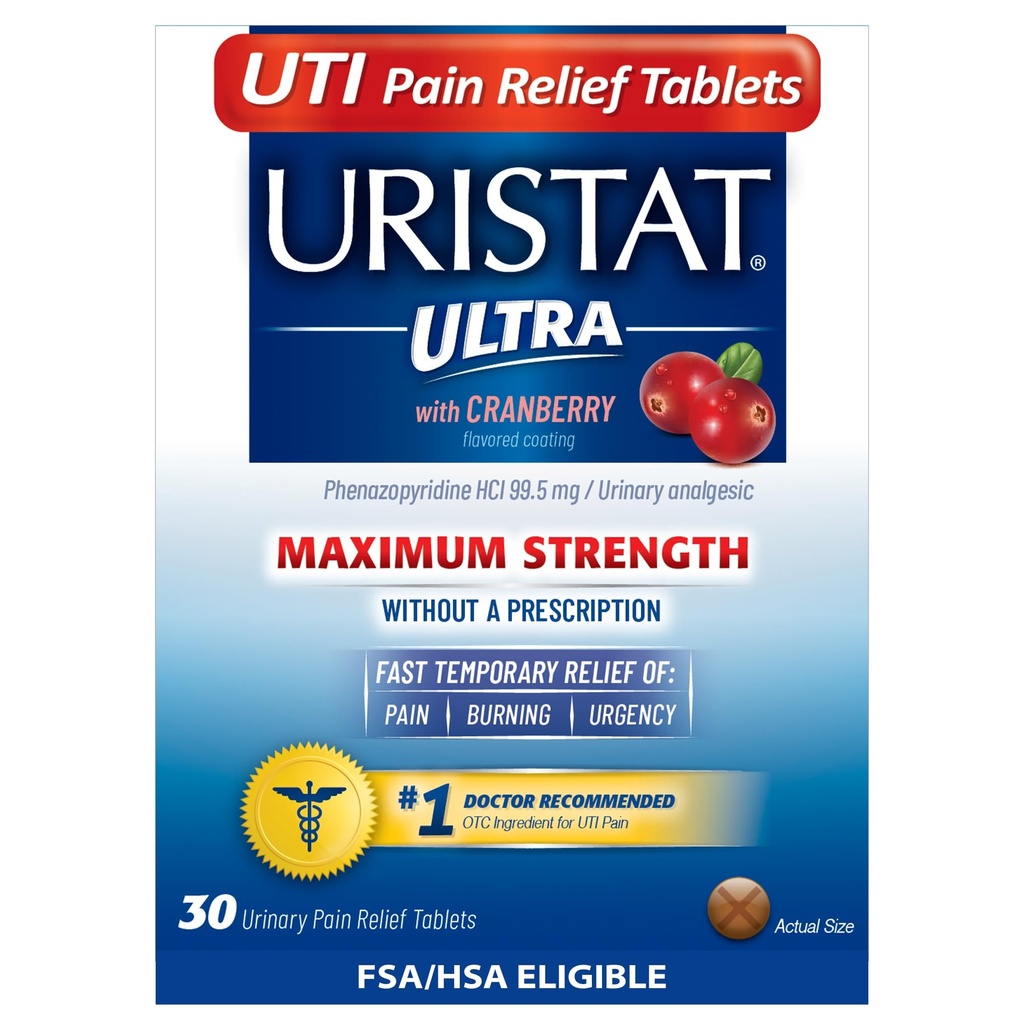 Uristat Ultra UTI valu leevendavad tabletid , kiire kuseteede infektsioon kuseteede valu leevendamine , põletamine , kiireloomulisus , maksimaalne tugevus , Jõhvika maitsestatud kate , 30 tabletti