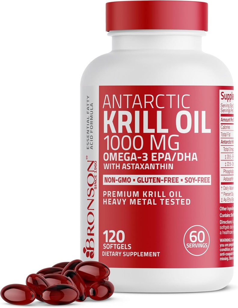 Bronson Antarktika krillõli 1000 mg koos Omega-3s EPA, DHA, Astaksantiin ja Fosfolipiidid 120 Softgels
