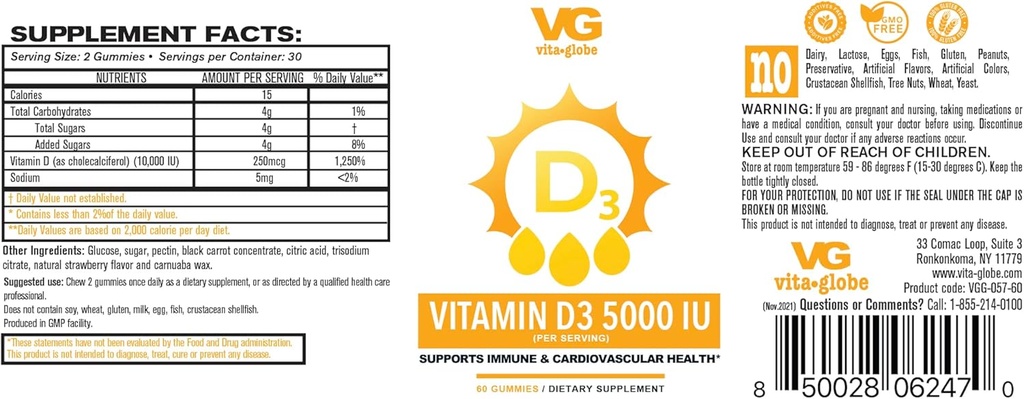 VITA GLOBE vitamiin D3 10 000 IU 250mcg koos tsingi ja Echinacea Gummy - toetab tervislikku immuunsüsteemi, tugevad luud, hambad ja lihased, 120 loend (pakk 2)
