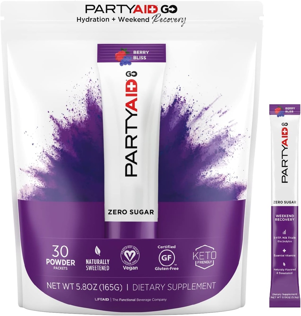 PARTYAID GO tunne hea täna ja homme, nullsuhkrut, 5-HTP, B-kompleksi, piimaohakas, elektrolüüte, kunstlikke maitseid ega magusaineid, kofeiinivaba, 30 loendit (pakk 1)