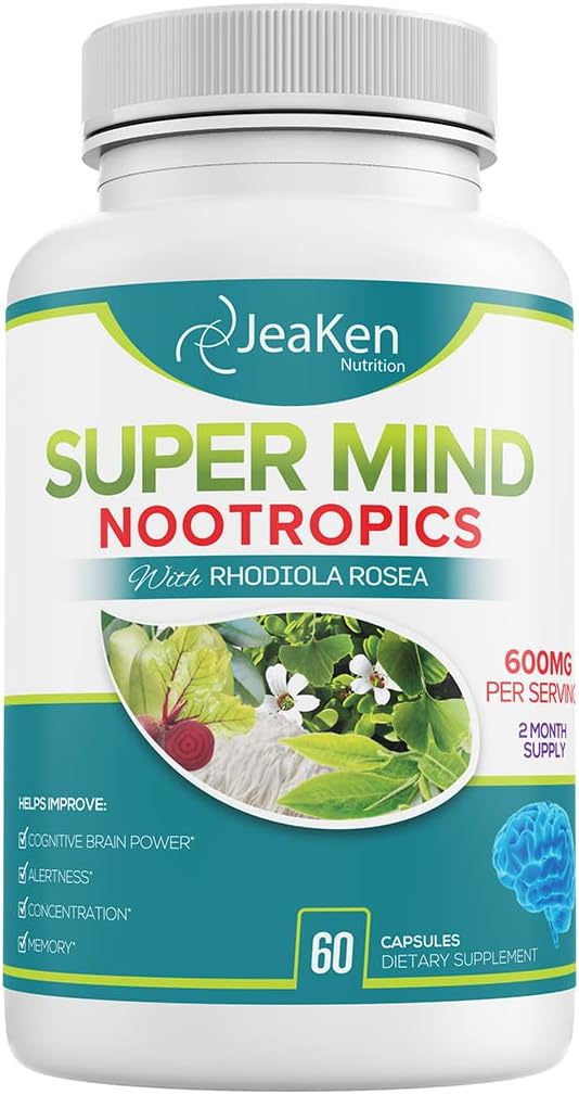 Super Mind - Nootropics Cognitive Enhancer - Aju Boost Supplement looduslike koostisosadega - Bacopa Monnieri - Rhodiola Rosea - Ginkgo Biloba - Vitamiin B12-60 Vegan Kapslid valmistatud USAs