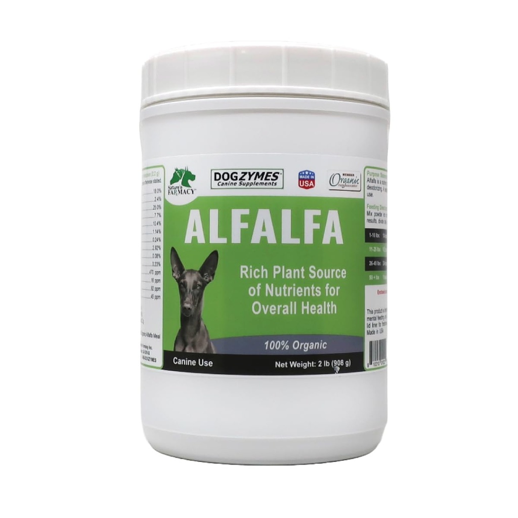 Dogzymes Orgaaniline Alfalfa - rikkalik vitamiinide ja mineraalide allikas, mis aitab kõike aneemiast, võitleb artriidi ja liiga atsiidse uriiniga ning aitab vältida põieinfektsioone (2 naela)