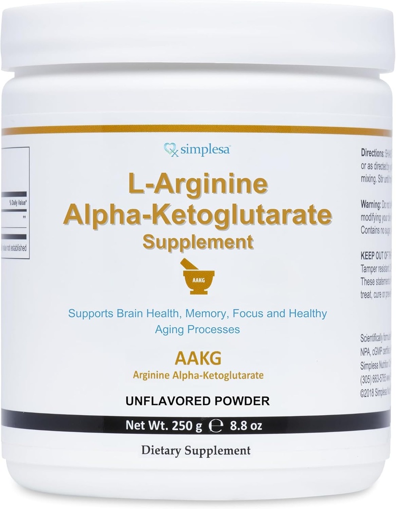 Simplesa AAKG Arginiinipulber, L-arginiin Alpha-ketoglutaraadi lisand, 2000mg per Serving, toetab aju tervist, mälu, fookust ja tervislikke vananemisprotsesse, 250 g pulbrit