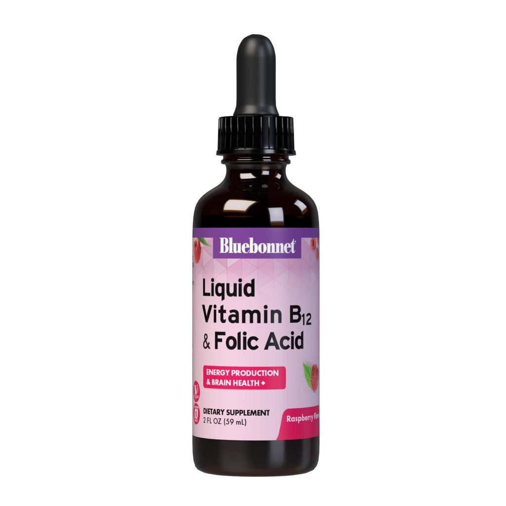 Bluebonnet Nutrition Vedel B12-vitamiin ja foolhape, energia suurendamiseks *, sojavaba, gluteenivaba, piimavaba, vegan, 400 mcg foolhapet ja 1000 mcg vitamiini B12 ühe serveerimise kohta, 2 fl oz, 59 serveerimist