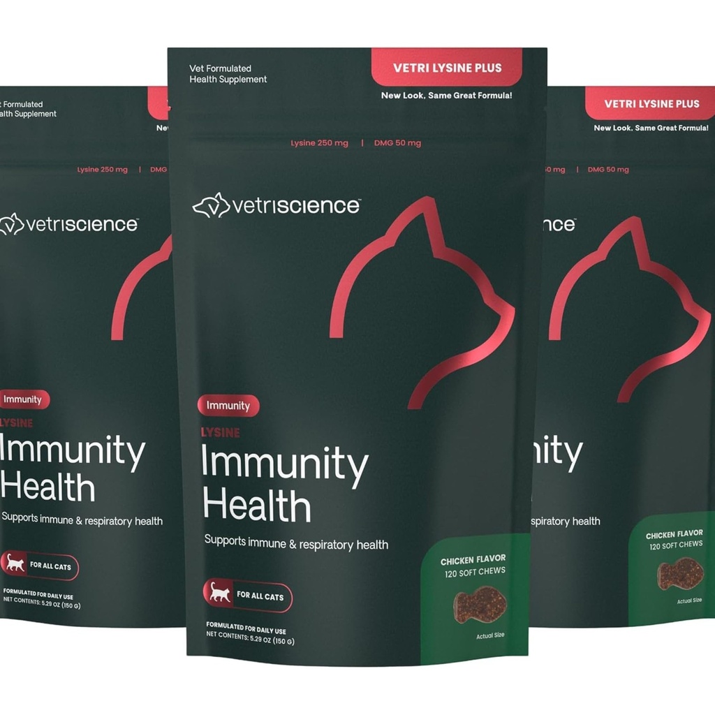 VetriScience Lysine Immunity Health Chews, 250 mg Lüsiin Plus Immune Supplement kassidele ja kassidele allergia, aevastamise, runny nina ja vesised silmad, kana, 3 Pack