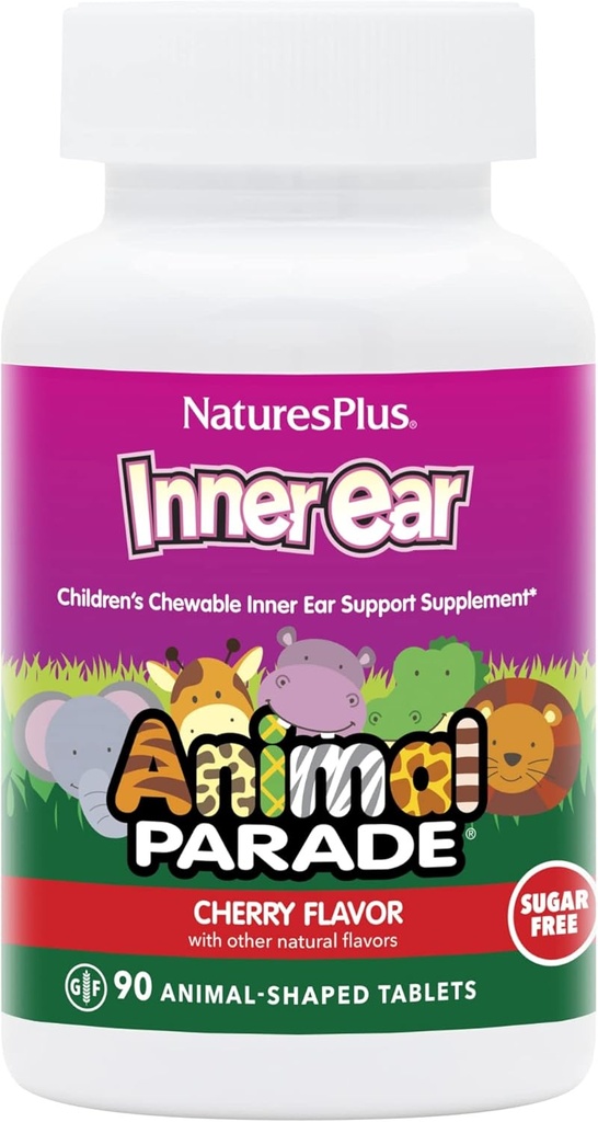 Natures Plus Animal Parade Sisekõrva tugi Laste näritav - Looduslik kirsi maitse - 90 loomakujulist tabletti - Probiootiline täiendus - Gluteenivaba - 45 serveerimist
